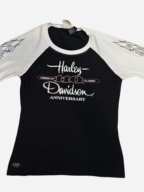 Harley-Davidson Black & White Raglan 110th Anniversary Tee With Gemstones Size L